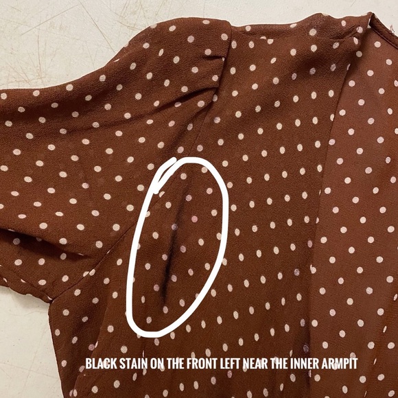 Reformation Lucky Wrap Mini Dress in Cappuccino Brown & White Polka Dot Print - Picture 12 of 14